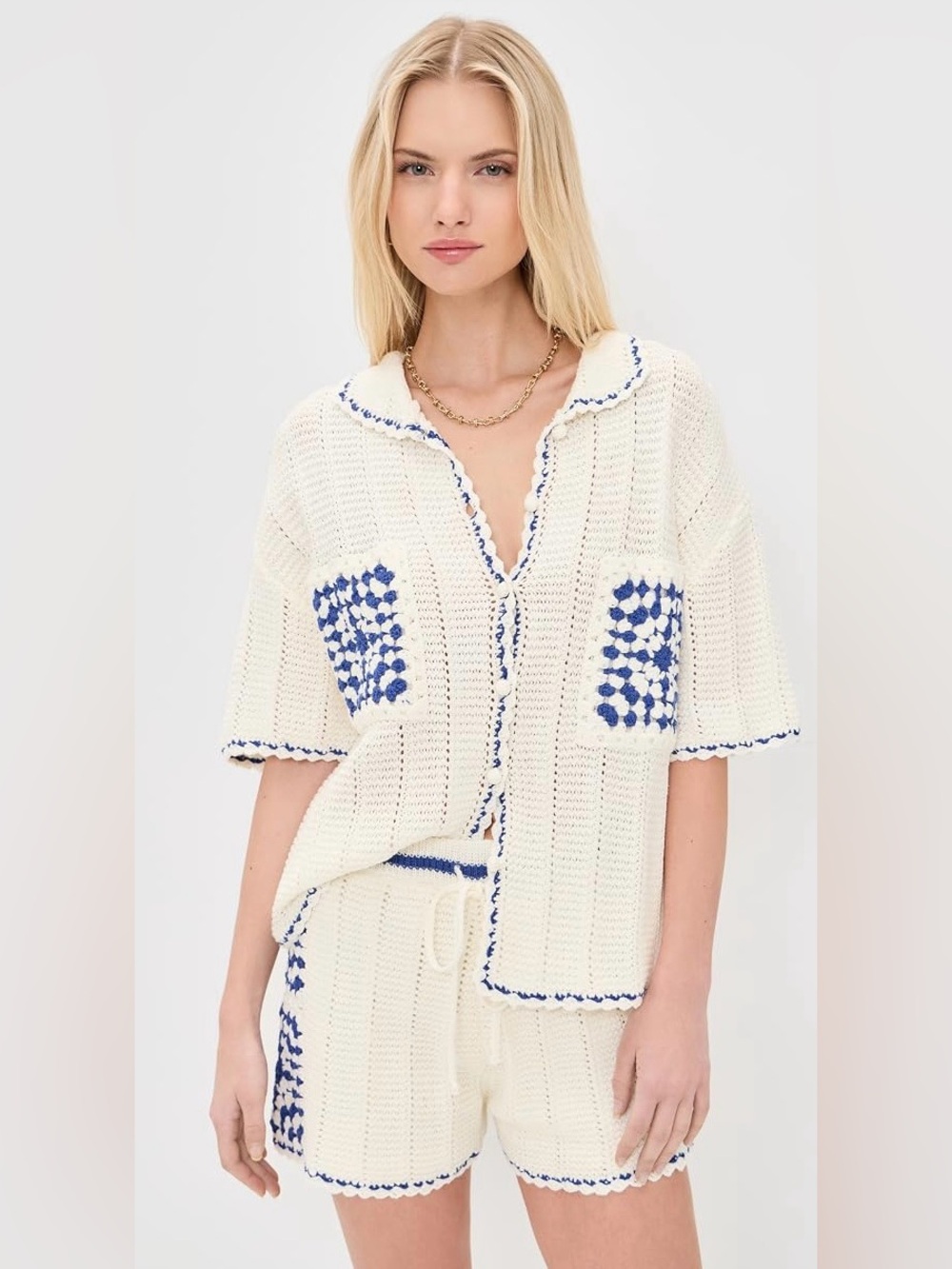 2-Piece MINKPINK Avalon Crochet Shorts & Shirt in White & Blue